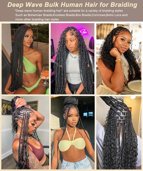 Bulk Human Hair for Braiding - 12A Curly Human Hair Bundles for Black Women - 20 inch, Deep Wave, No Weft, Boho Braids - 100% Unprocessed Brazilian Virgin Human Hair Extensions - Beauty Youth