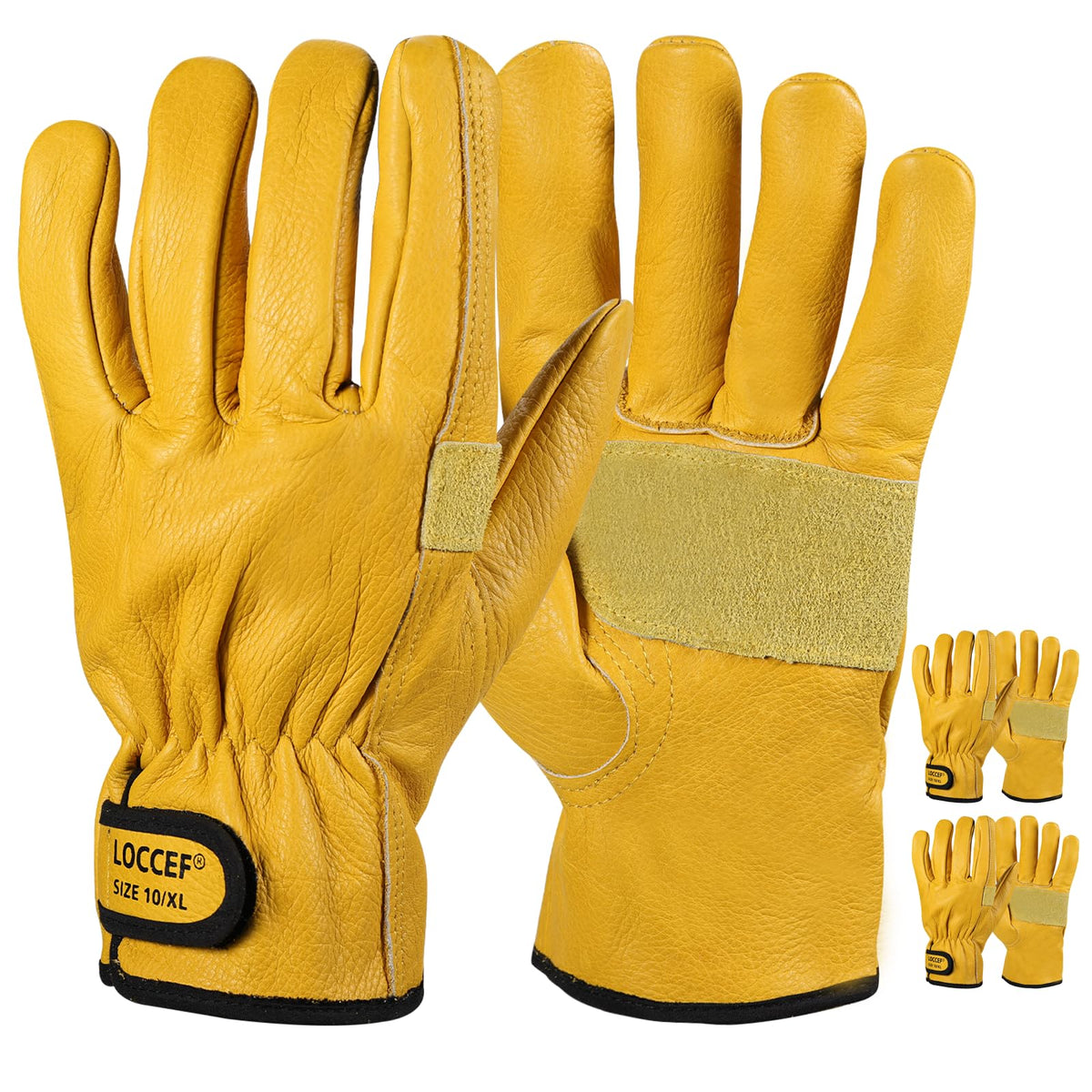 LOCCEF 2 Pairs Leather Work Gloves for Men Women Cowhide Utility (9/L)