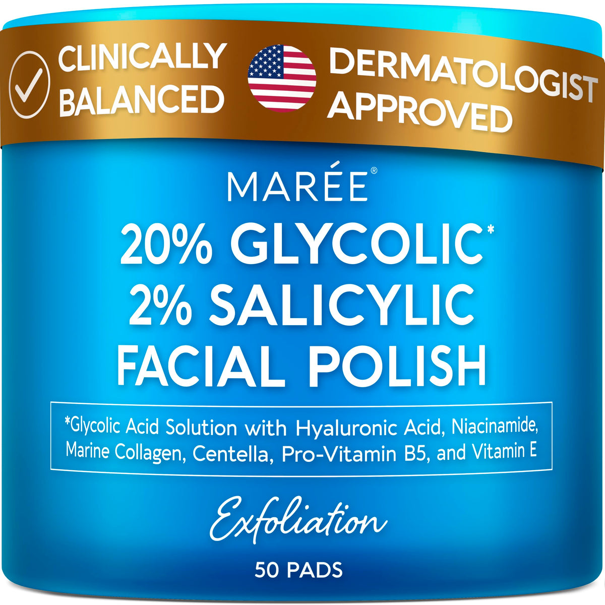 MAREE Glycolic Acid Pads & 2% Salicylic Acid – Toner Pads for Face with 20% Glycolic Acid Solution – Face Exfoliating Pads, Acne Clearing Face Pads – Skin Pore Resurfacing & Radiance Device – 50 Count