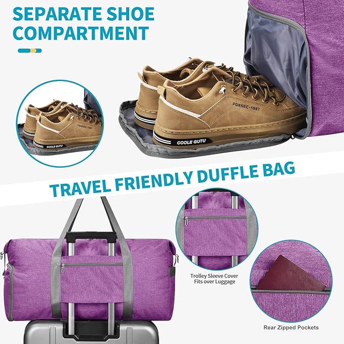 Felipe Varela Carry on luaggage Airlines Approved, Foldable Carry on Bag Travel Duffel Bags Overnight weekender Gym Duffle Carry Bag with Wet Pocket & Shoe Compartment for Women Men (Purple, 40L)