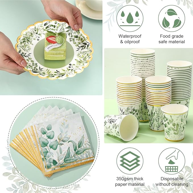 Yungyan 108 Pcs 36 Guests Greenery Plates and Napkins Party Supplies Sage Green and Gold Scalloped Disposable Eucalyptus Paper 6" Plates, Napkins and 9 oz Cups Set for Baby Shower Wedding Decoration