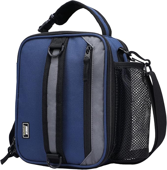 MIER Expandable Lunch Bag Insulated Lunch Box for Men to Work Travel Portable Lunchbox Bags with Shoulder Strap and Water Bottle Holder(Navy/Grey)