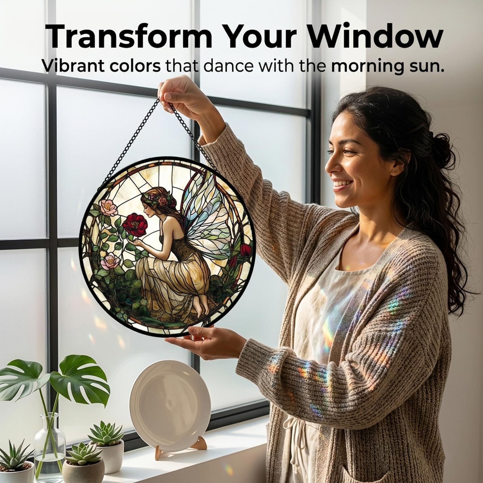 Birthday Gifts for Women - Butterfly Flower Fairy Faux Stained Glass Window Hanging Sun Catcher for Door Garden Acrylic Home Decor Mother's Day for Mom Nana Friend Grandma Wife 6.3"