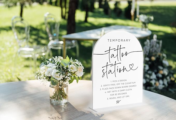 Wedding Temporary Tattoos Sign, White Arch Acrylic Sign, Wedding Tattoos Temporary for Guests, Bridal Shower Decor, Engagement Party Decor, Centerpiece Table Decorations Party-9
