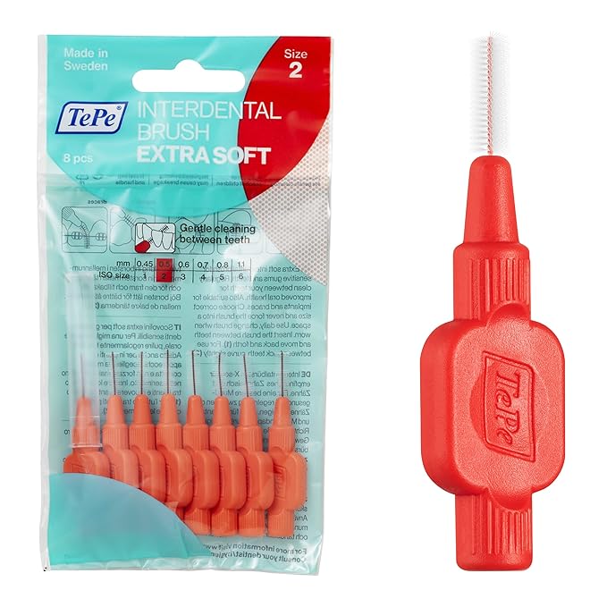 TePe Interdental Brush Extra Soft, Supersoft Dental Brush for Teeth Cleaning, Pack of 8, 0.5 mm, Extra-Small/Small Gaps, Red, Size 2