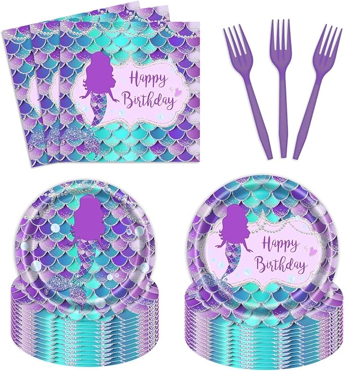 Vanulus 96 PCS Mermaid Birthday Party Supplies Set Mermaid Plates and Napkins Birthday Party Tableware Packs Decorations Little Mermaid Disposable Paper Plates Napkins Forks Serve 24 Guests