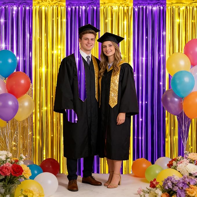 jijAcraft 3 Pack Purple Gold Tinsel Foil Fringe Curtain,Graduation Party Photo Backdrop, Metallic Foil Purple Gold Streamers for Graduation Decor Party Milestone Birthday Theme New Year’s Eve Party