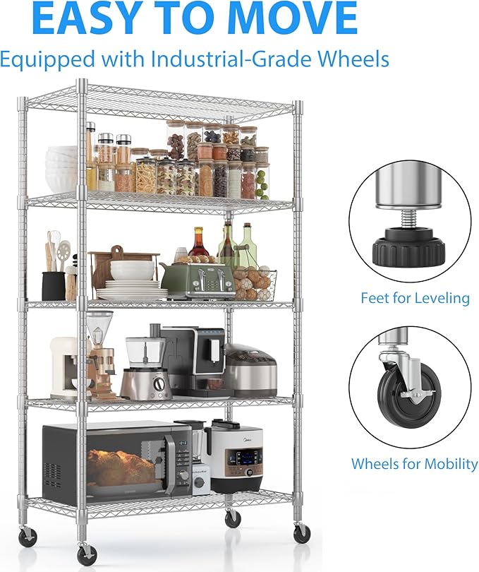 Homdox Heavy Duty Storage Shelves, 5 Tier Wire Shelving Unit with Wheels, Commercial Adjustable Metal Shelves for Storage, Garage Rack Pantry Shelves Kitchen Shelving, 18"x36"x82", Chrome