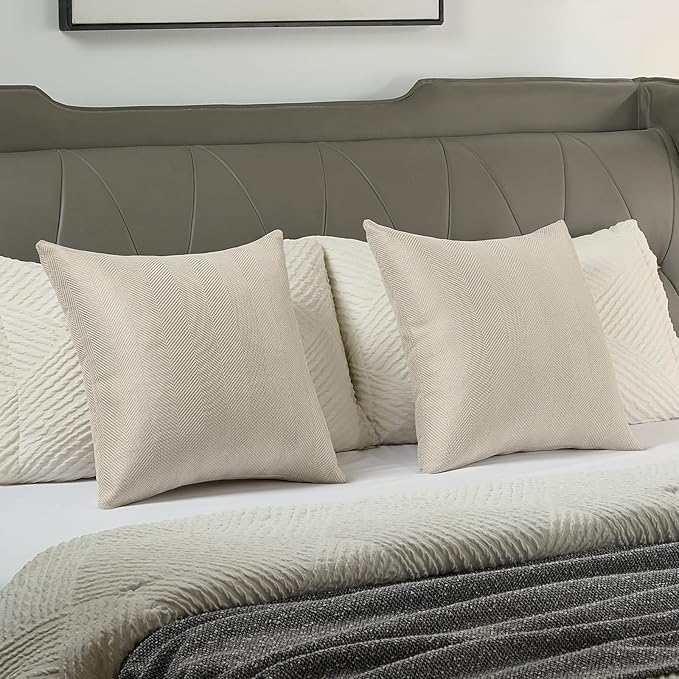 FUTEI Beige Chenille Throw Pillow Covers 22x22 Inch Set of 2,Soft Wide Chevron Textured Cushion Case,Farmhouse Home Decor for Couch Bed Living Room