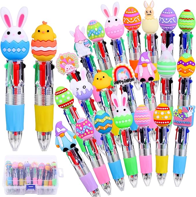 24PCS Easter Fun Pens Cute Multicolor Ballpoint Pens 4 Colors in 1 Kawaii Bunny Easter Egg Chicken Rainbows Gnome for Easter Basket Stuffers Party Favors Supplies Rewards Holiday Gifts