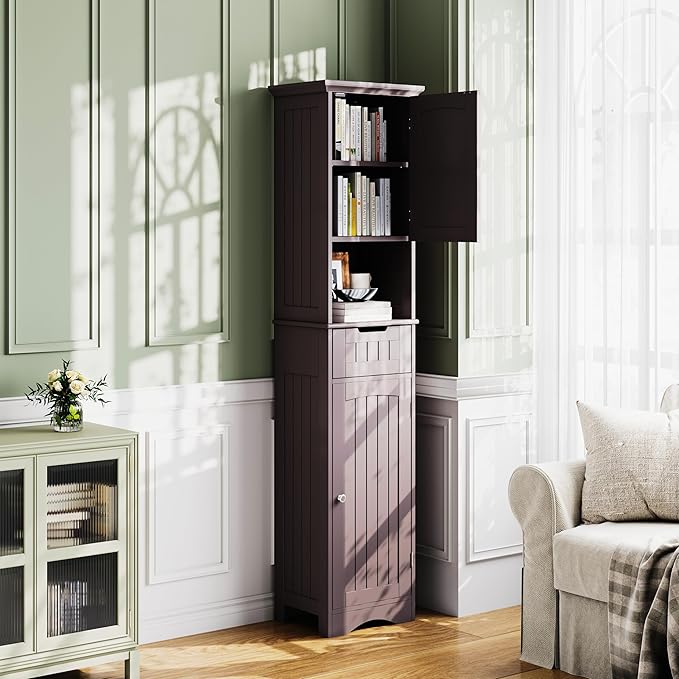 ChooChoo 67" Tall Bathroom Storage Cabinet Freestanding with Adjustable Shelves, Narrow Storage Linen Cabinet with 2 Doors and 1 Drawers for Bathroom, Living Room, Kitchen, Espresso