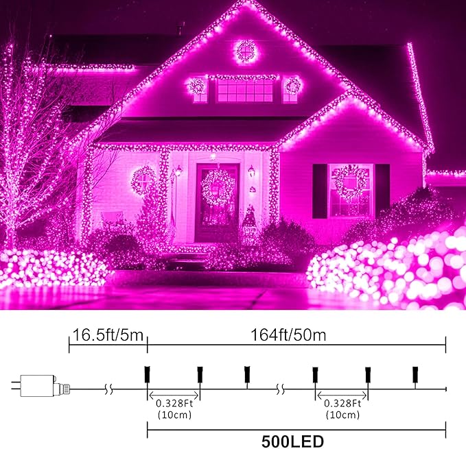 weillsnow Pink Valentine's Day Lights Outdoor, 164 FT 500 LED String Lights Plug in, 8 Modes Waterproof Fairy Lights for Valentines Day, Christmas, Party, Wedding, Bedroom, Garden Decorations