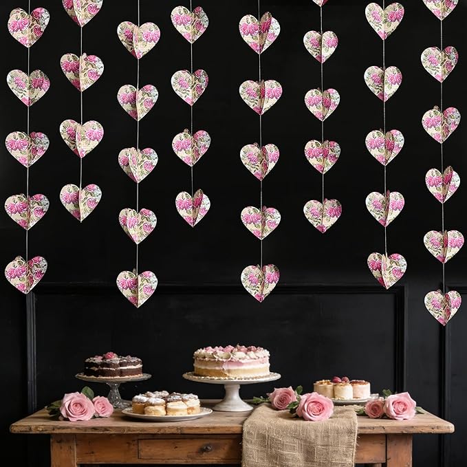 Heart Party Decorations Vintage Pink Rose 3D Love Heart Newspaper Hanging Retro Floral Recycled Book Garland Streamer Banner for Valentines Day Anniversary Birthday Wedding Holiday Party Supplies
