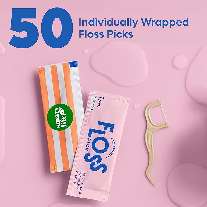 Individually Wrapped Dental Floss Picks (50ct) - Eco-Friendly Flosser Handle Made with Straw Wheat Blend | Great for Travel | PFA Free | Toothpick Stick Soft On Gums & Teeth | Vegan | Mint