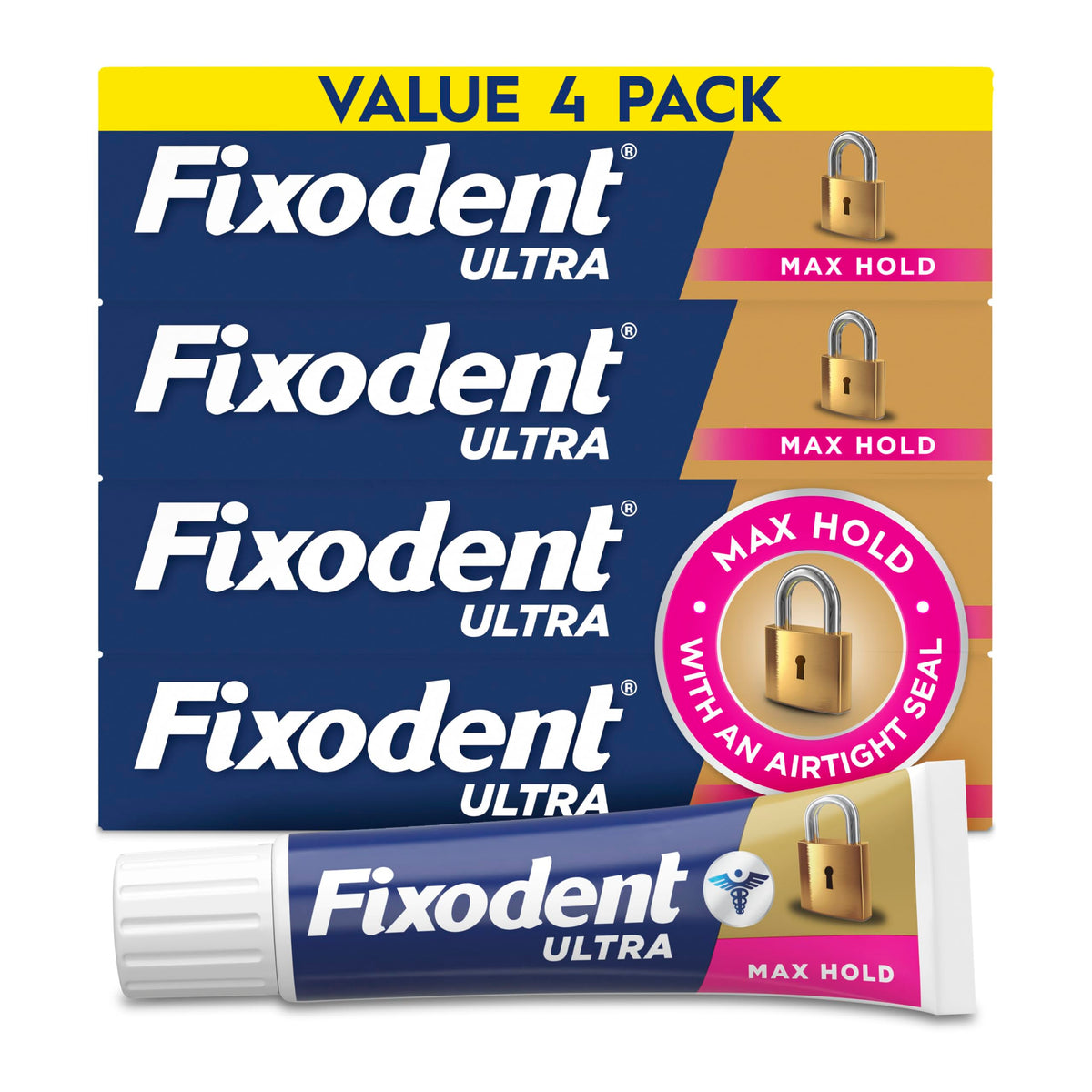Fixodent Ultra Max Hold Denture Adhesive Cream, 2.2 oz (4-Pack) – Strong False Teeth Glue and Secure Dental Adhesive for Full or Partial Plates, Prevent Food Slipping
