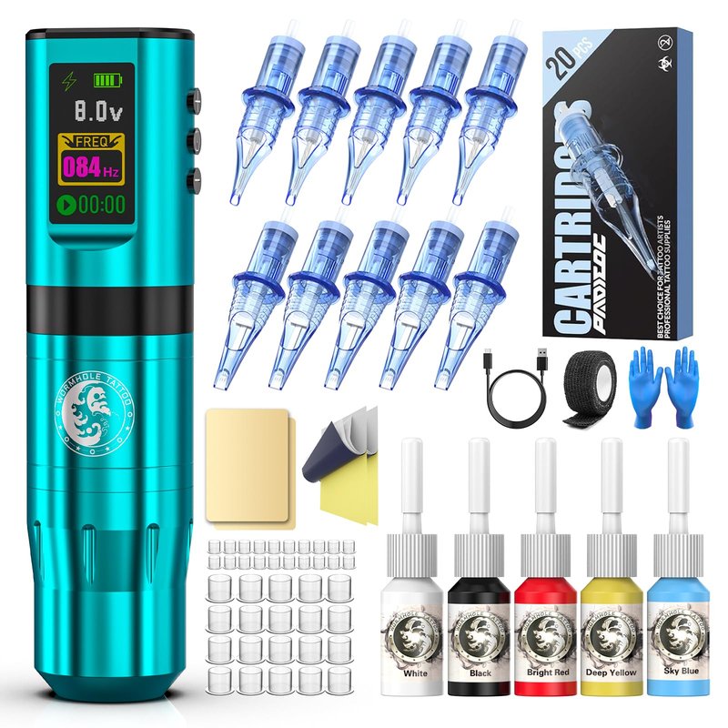 1800mAh Battery Wormhole Tattoo Gun Kit, Wireless Tattoo Kit, Aluminum Alloy Tattoo Machine Adjustable Tattoo Pen Rotary Gun Kit, Complete Professional Tattoo Kit with Cartridge Needles for Artists