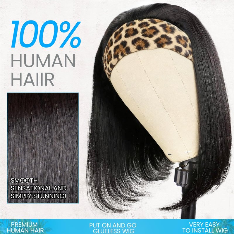 AISI Headband Wigs Human Hair Bob Headband Wig for Black Women with Leopard Print Headband Easy Put On and Go Glueless Wig Straight Wigs Machine Made 180% Density No Lace Wig Natural Color (10 Inch)