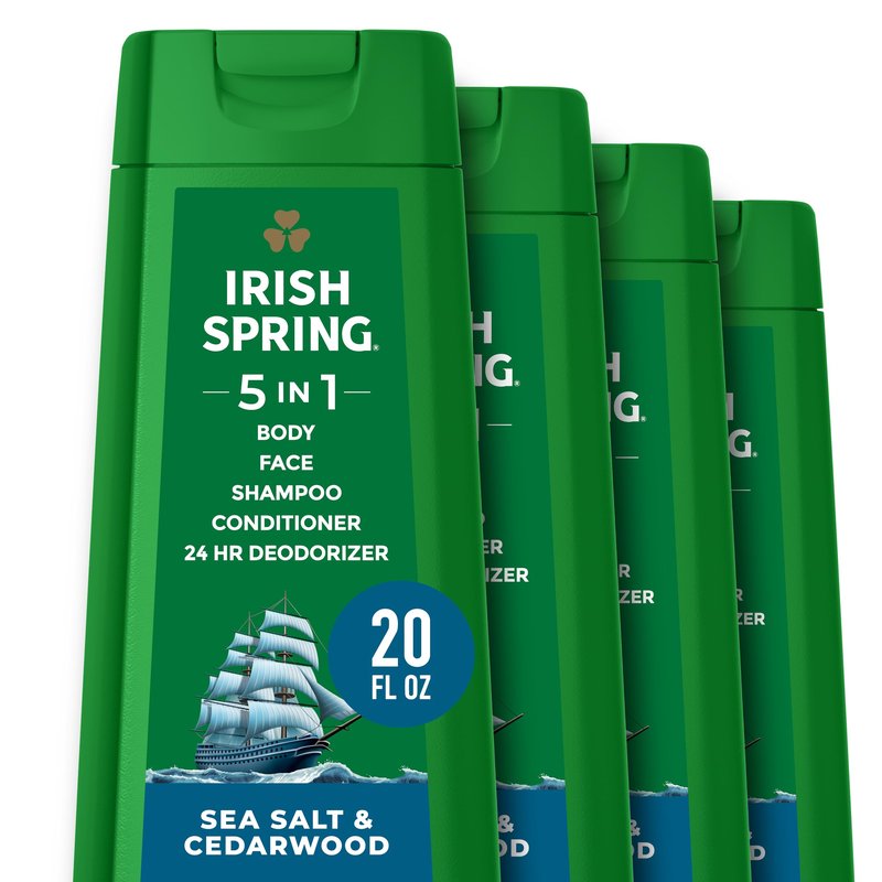 Irish Spring 5 in 1 Moisturizing Body Wash for Men, Shampoo, Conditioner, Body and Face Wash, and 24 Hour Deodorizer, Paraben-Free, Sea Salt & Cedarwood Scent, 20 fl oz, 4 Pack
