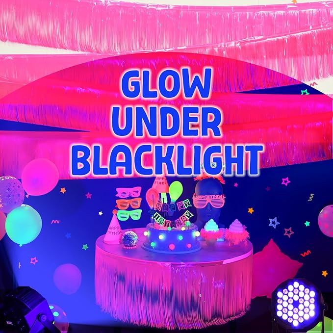 Mega-L Glow in The Dark Party Supplies, 4 Pack Foil Fringe Garland Birthday Party Decorations 9.8 ft Fluorescent Macaron Fuchsia Metallic Tinsel Streamers Banner, Glitter Photo Booth Prop Table Skirt