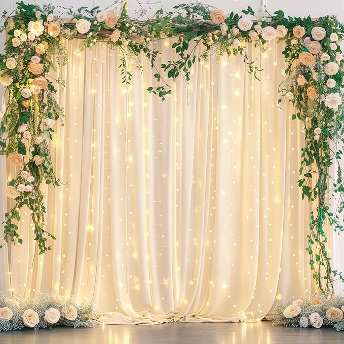 20 x 10ft Champagne Backdrop Curtains with Lights String for Wedding Polyester Photo Backdrop Drapes Wrinkle Free Soft Long Curtains for Birthday Parties Reception Baby Shower Ceremony-5 x 10ft 4Panel