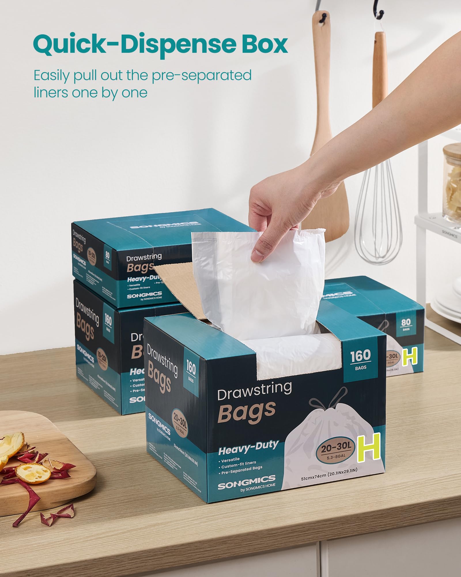 SONGMICS Trash Bags, Drawstring Kitchen Garbage Bags, Pre-Separated, Quick-Dispense Box, for 8-Gallon (30 L) Trash Cans, Liner Code H, 4 Rolls, 160 Count, White UKRB031A04