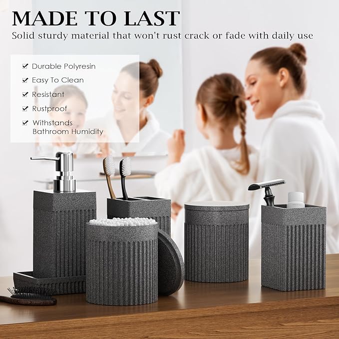 6-Piece Bathroom Set Grey - Stone Textured Resin Bathroom Organizer with Soap Dispenser, Toothbrush Holder, Vanity Tray, Tumbler & Cotton Swab Jars for Small Spaces