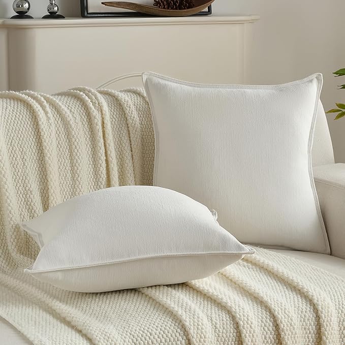 FUTEI Cream White Chenille Throw Pillow Covers 18x18 Inch Set of 2,Edges Double-Stitched Cushion Cases,Modern Home Decor for Couch Living Room