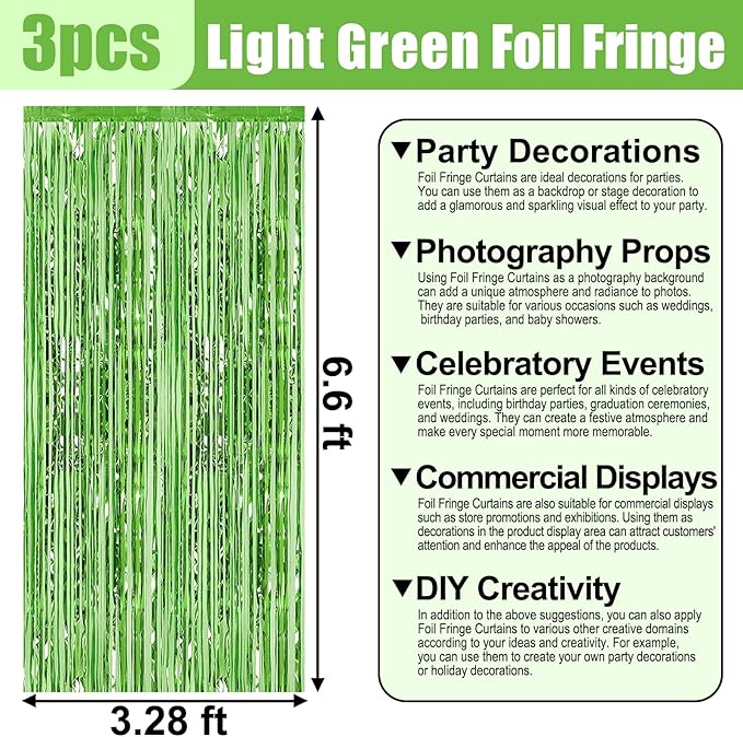 3 Pack Light Green Foil Fringe Curtain Backdrop, 3.28Ft x 6.6Ft Metallic Tinsel Foil Fringe Streamer Curtains for Photo Booth, Christmas Day, Thanksgiving, Wedding, New Year Party Decorations