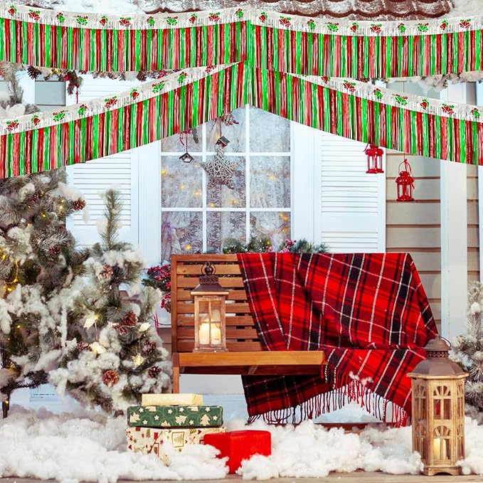 4 Packs 10 Feet Long Foil Fringe Christmas Garland Red Green Silver Tinsel Metallic Streamers Bells Wall Hanging Banner for Car Parade Floats Table Skirts Indoor Xmas Party Decorations