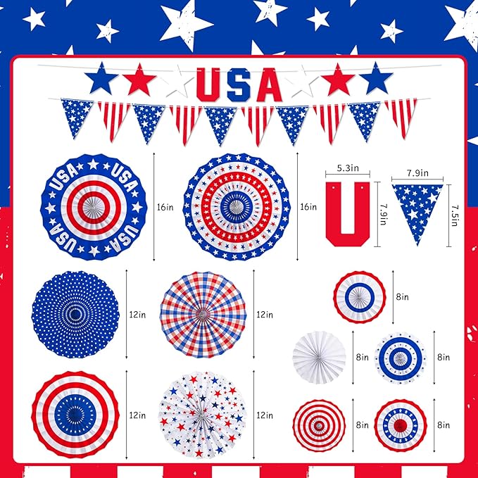 4th of July Decorations ，Patriotic Decorations Set - Celebrate with Red, White & Blue Paper Fans, USA Banner for Veterans, Labor, Presidents, & Flag Memorial Day