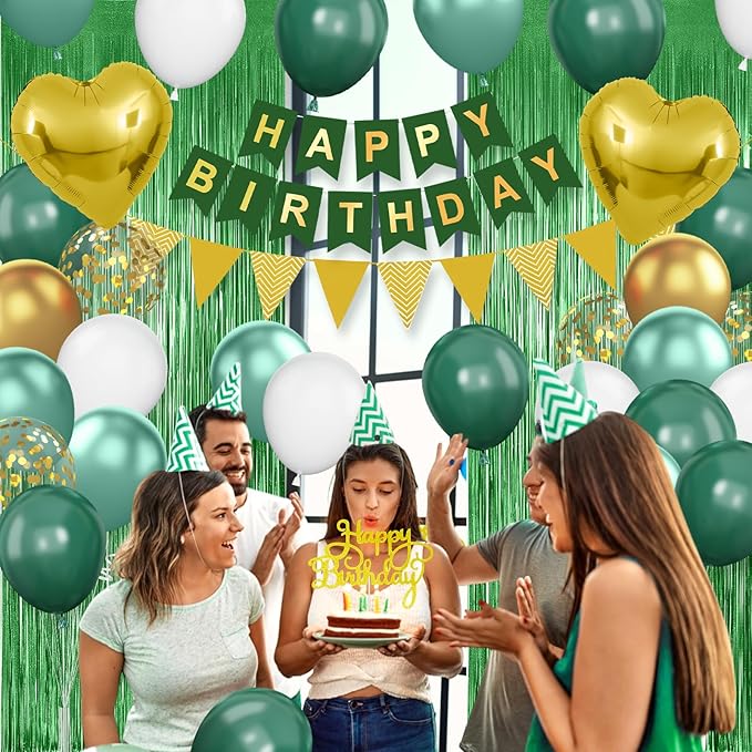 Green Birthday Decorations,Happy Birthday Banner Emerald Green and Gold Balloons Fringe Curtain Heart Foil Balloons for Women Men Party Decor