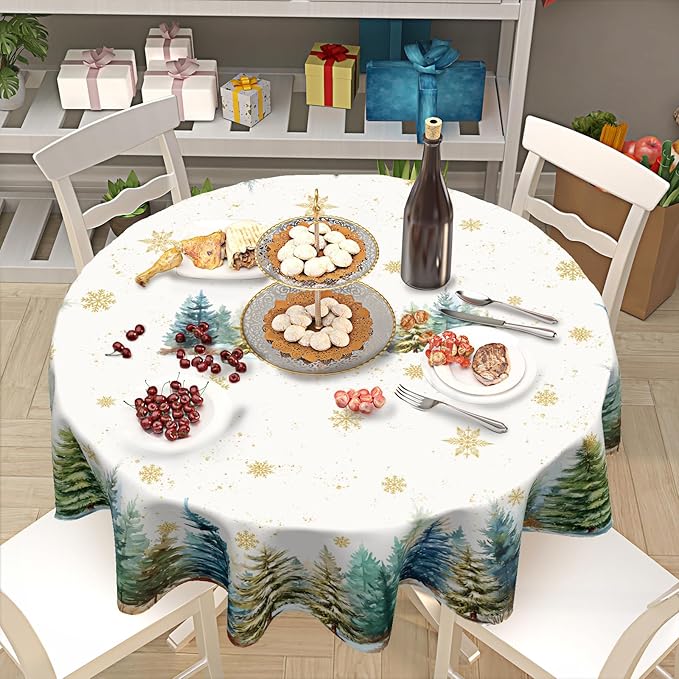Christmas Round Tablecloth 70 Inch Xmas Tree and Snowflake Pattern White Table Cloth Circle Winter Holiday Table Cover Washable Polyester Indoor Decor for Home Kitchen Dinning Party
