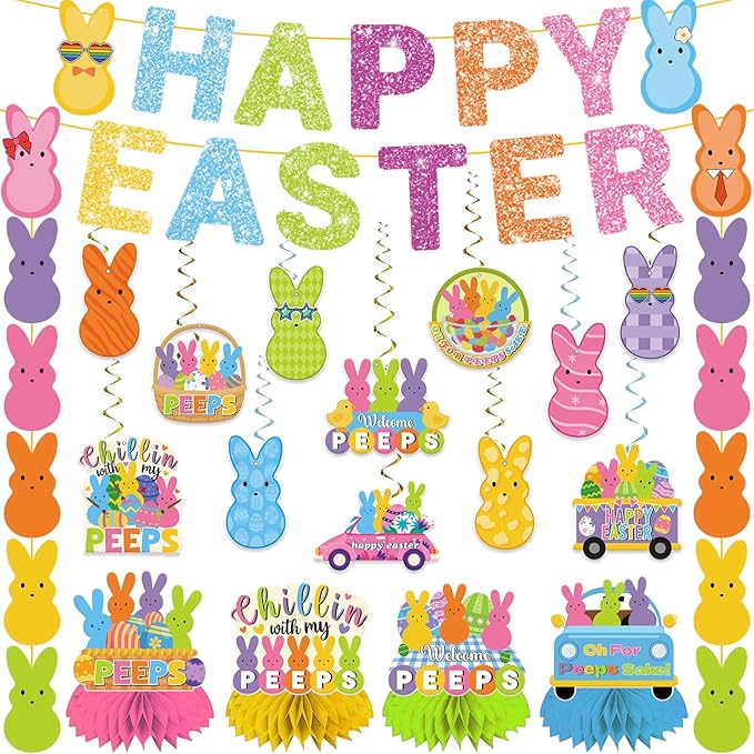 57pcs Easter Party Decorations Banner Set Include Happy Easter Banner Chillin with My Peeps Hanging Swirls Bunny Pattern Hanging Banner 3D Honeycomb Table Centerpieces for Party