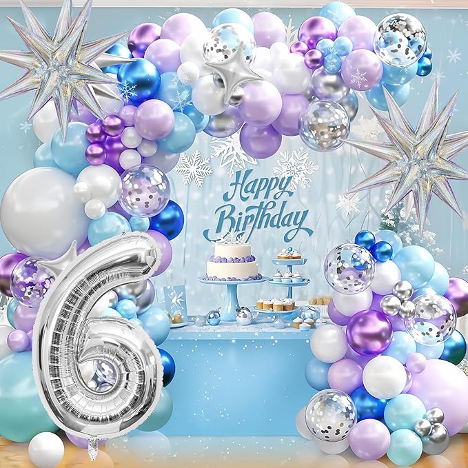 Snow 6th Birthday Decorations Girl, Snowflake Balloon Garland Arch Kit, Laser Explosion Star Balloons, Silver Number 6 Balloon Tower for Baby Shower Girls 6th Snow Theme Party Supplies