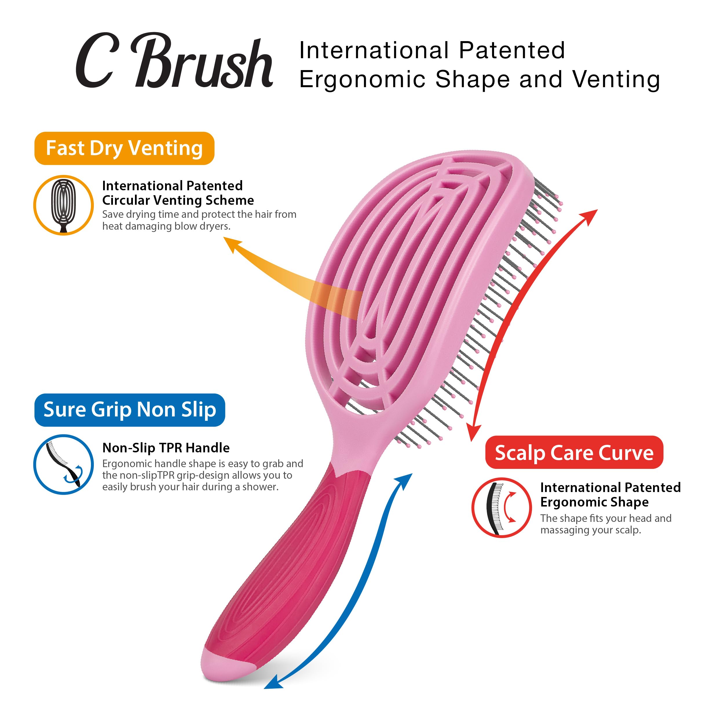 NuWay® C Brush® Scalp Care Detangling Hair Brush – Gentle Scalp Massage & Easy Detangling for Wet or Dry Hair, Everyday Hairbrush for Healthy Looking Hair (Pink Petal)