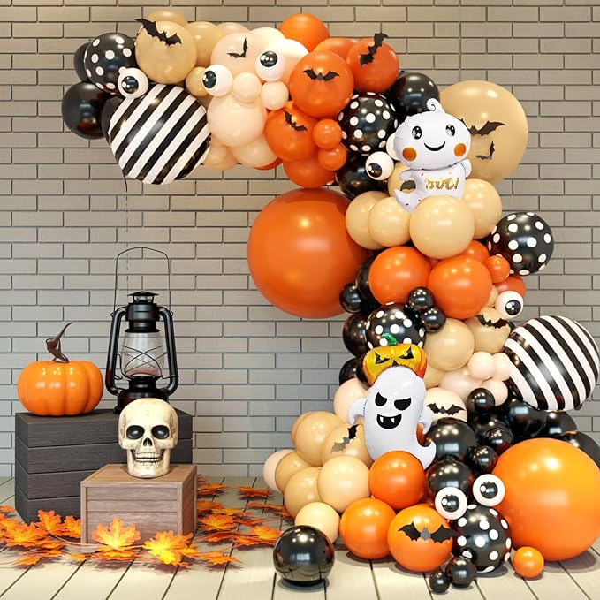 Orange Halloween Balloon Arch Garland, Orange Sand White Party Balloons with Ghost 18-In Strip Foil Balloon Eyeball Balloons Apricot Black Dot Latex Balloon Bat Sticker for Halloween Party Supplies