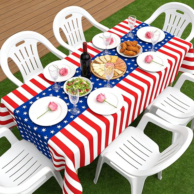 4th of July Tablecloth, Patriotic Plastic Tablecloths 54"x108", Fourth of July Table Decorations Red White and Blue American Table Covers 6 Pack, Patriotic Decorations Memorial Day Party Supplies