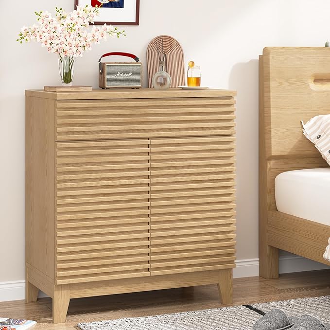 Fluted Buffet Cabinet with Storage, Coffee Bar Cabinet with a Drawer, Sideboard Buffet Kitchen Storage Cabinets with Adjustable Shelves for Living Room, Kitchen, Natural Oak