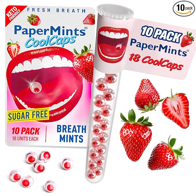 PaperMints CoolCaps Instant Fresh Breath Mints Sugar-Free Strawberry. Breath Freshener, After Dinner, Dry Mouth Relief 10 pack of 18