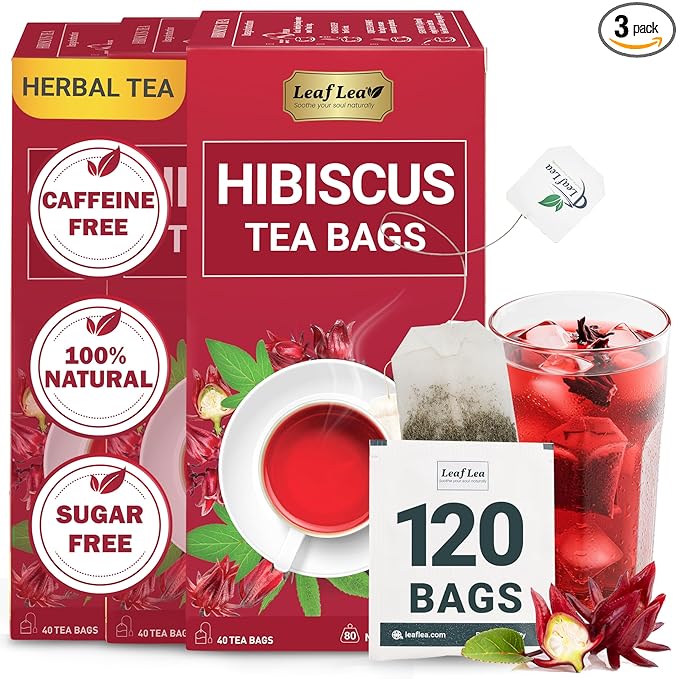 LeafLea 120 Hibiscus Tea Bags, 100% Pure Natural Hibiscus Flowers Herbal Tea, Natural Red Hibiscus Flower Tea, Te de Hibisco, Caffeine-Free, No Sugar, Vegan, Non-GMO, Rich in Flavor & Color, Pack of 3