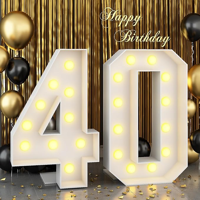 4ft Light Up Numbers Marquee 40 Numbers with Lights White Slots-in Frame for Men Women 40th Birthday Party Decorations Pre-Cut Mosaic Cardboard Large Cut-Out Thick Foam Board Sign Anniversary