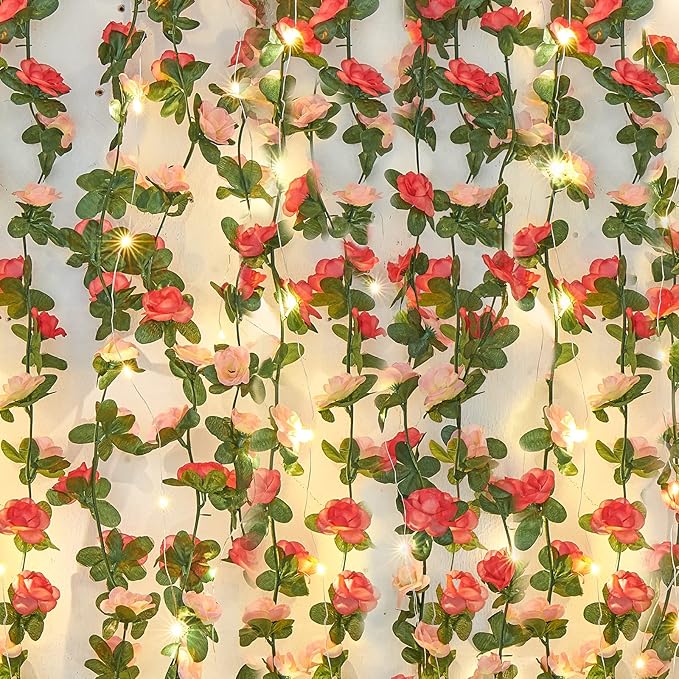MARTINE MALL Flower Garland Vines, 5 Strands 41Ft With 33 Ft/100 LED String Lights - Rose Decoration for Bedroom, Room, Table, Wedding Decor