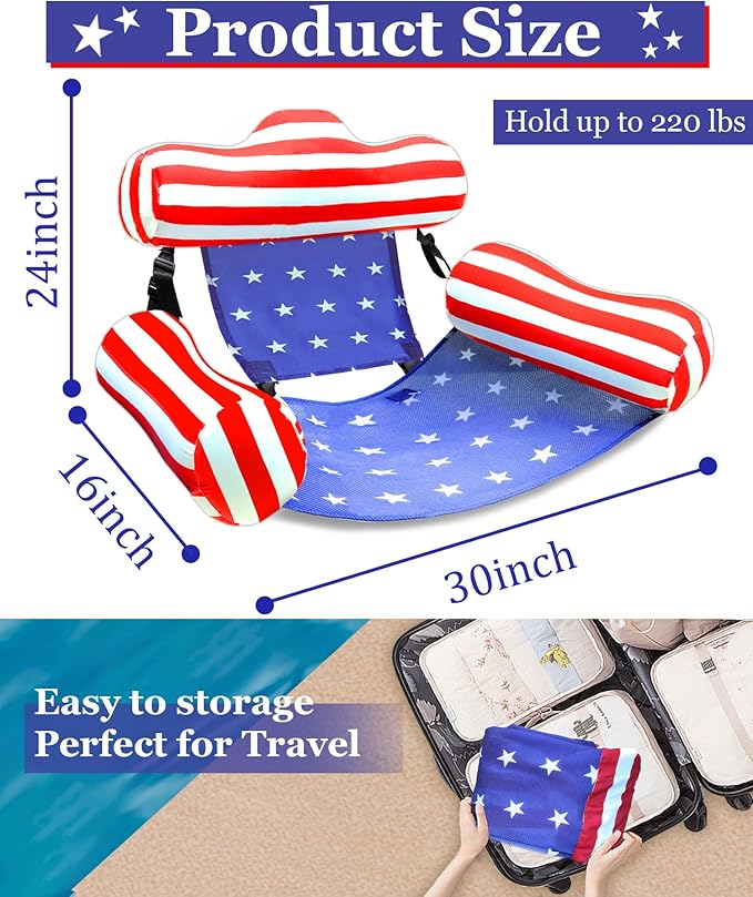 2 Pack 4th of July Inflatable Pool Floats Chair, 250th Anniversary American Flag Adjustable Pool Chair Lounger for Adults Heavy Duty, Blow Up Floating Swimming Water Chairs for Party Summer Lake Fun