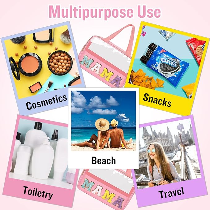 Chenille Letter Clear Makeup Bags Mama Tote, Preppy Patch Makeup Bag Zipper with Handle, Waterproof PVC & Nylon Portable Glitter Large Cosmetic Travel Toiletry Storage Bag for Women Girls(MAMA-Pink)