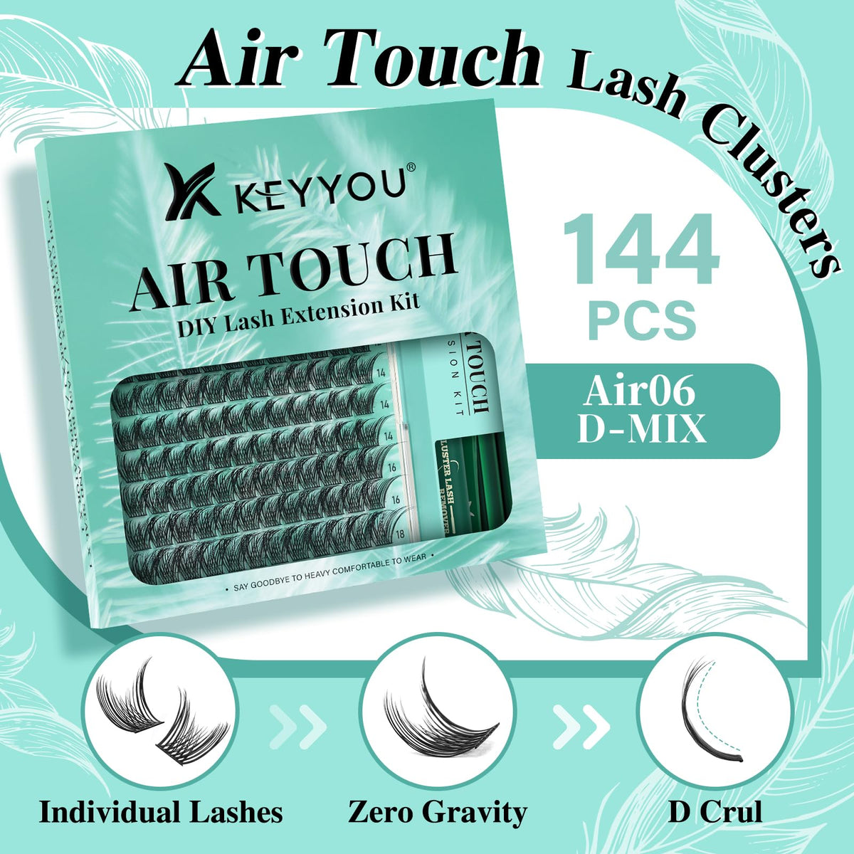 KEYYOU Lash Extension Kit 144pcs Air Touch Lash Clusters with Bond and Seal Lash Applicator Remover D Curl DIY Eyelash Extension Kit Easy to Apply at Home(Air06Kit-D-8-18Mix)