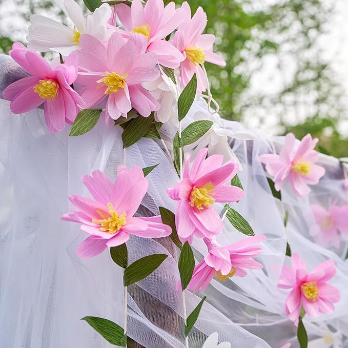 2PCS Paper Flower Garland, Paper Leaves Banner Vine Flowers with Green Leaves Crepe Flower Garland Decorations for Wall Anniversary Wedding Birthday Arch Decor-Pink