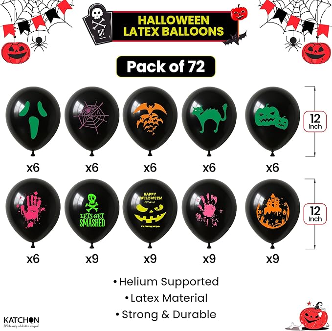 KatchOn, Black Halloween Balloons - 12 inch Pack of 72 | Black Balloon For Spooky Halloween Decorations Indoor | Latex Balloons for Horror Birthday Decoration | Day of the Dead Decorations
