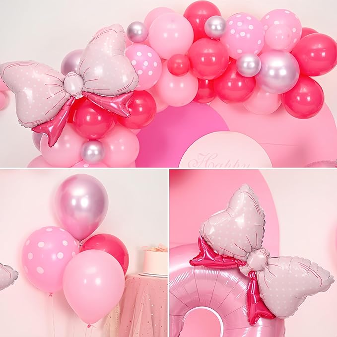Pink 2nd Birthday Balloons Decorations, Hot Pink Rose Polka Dots Balloons Arch Kit, Huge Bow Foil Balloon, pink Number 2 Balloon Tower for Baby Shower Girls Princess 2nd Theme Party