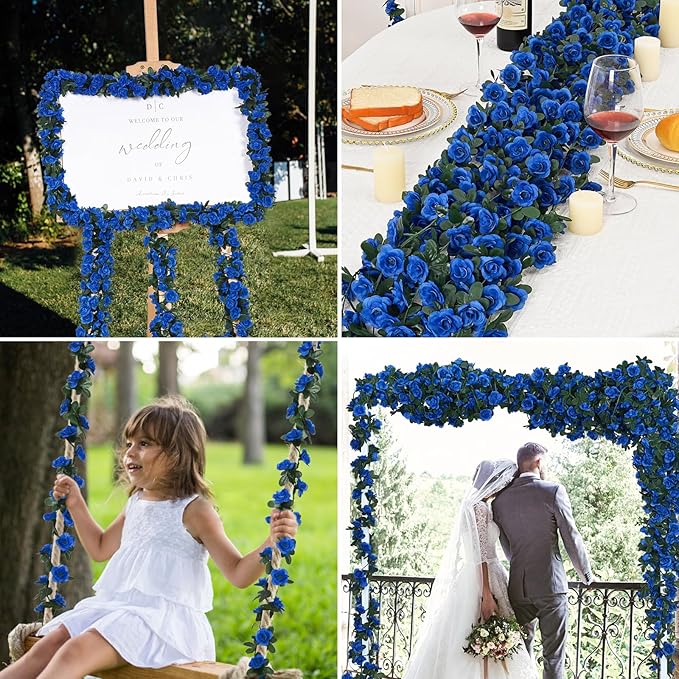 MARTINE MALL Flower Garland Rose Vines, 5 Strands 41Ft Flowers Vines for Bedroom, Rose Flower Garland Decoration, Sapphire Rose Floral Garland for Room Table Birthday Wedding Party Garden Wall Decor