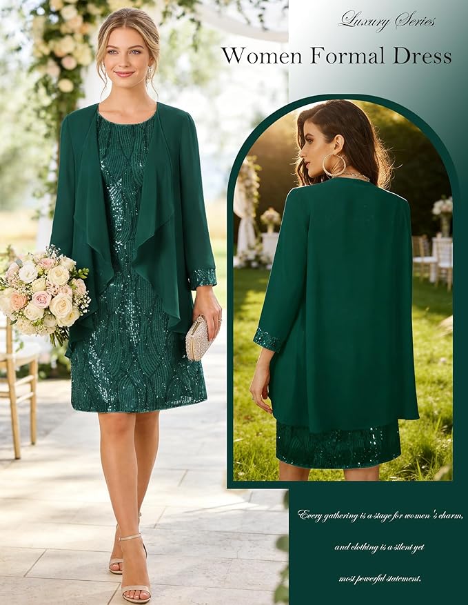 GRACE KARIN Women's Sequin Dress - Wedding Guest & Mother of The Bride Formal Dress - Two Piece Knee Length